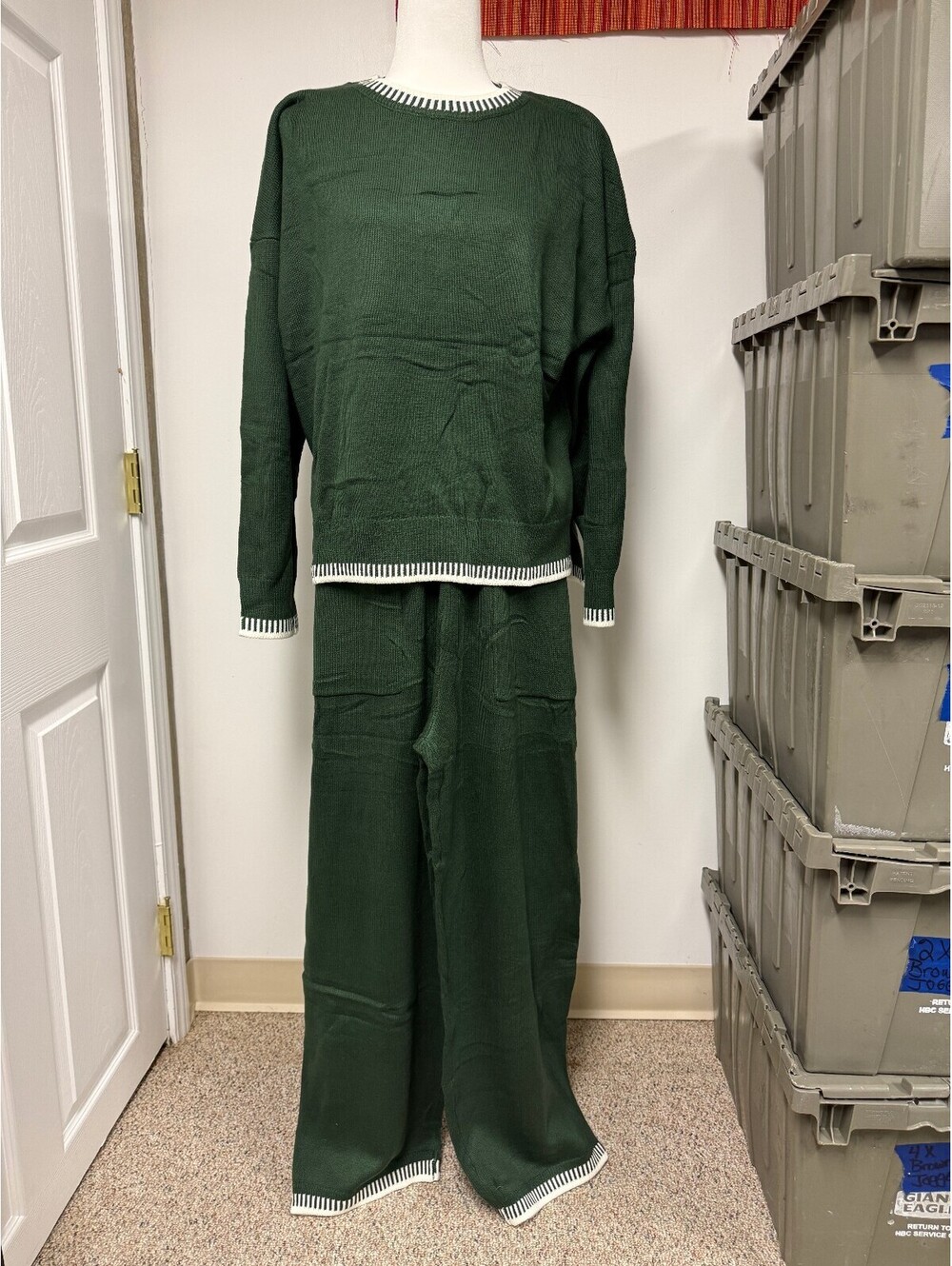 PrettyGarden Women's Knit Lounge Set in Dark Green with White Trim